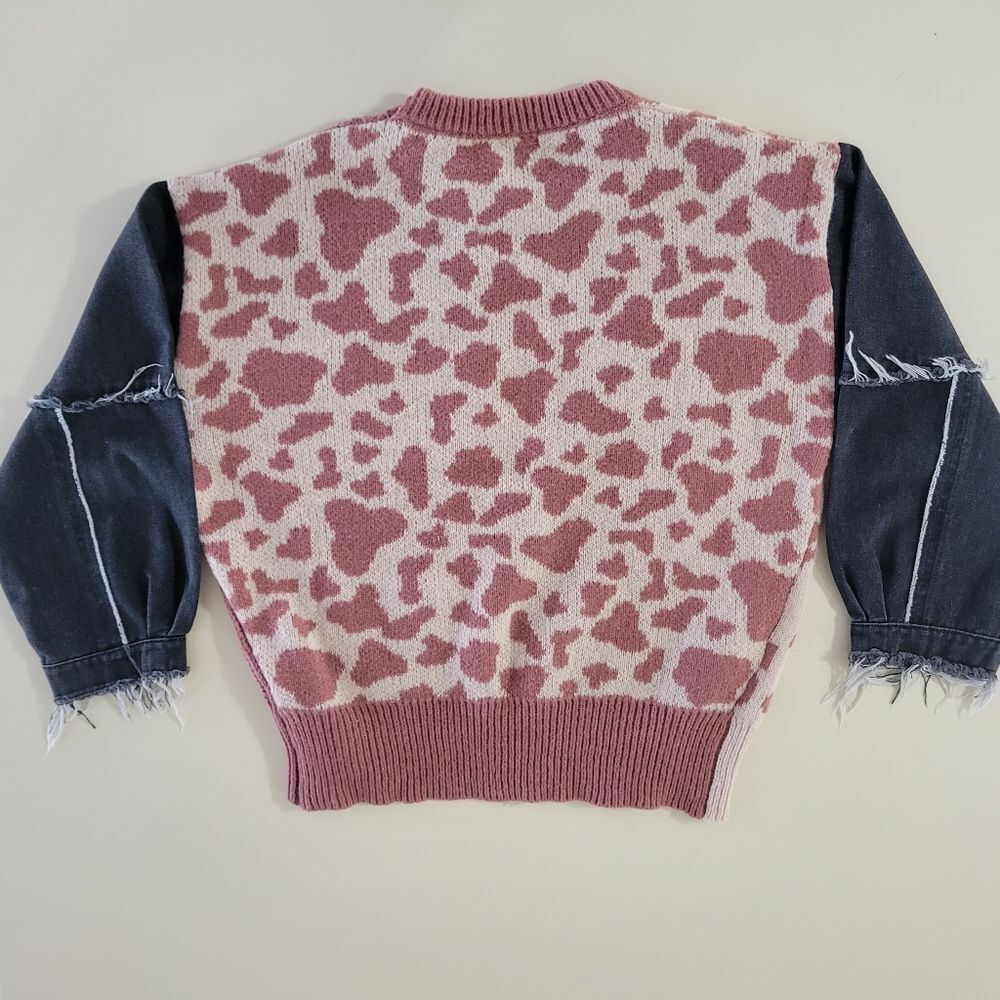 BiBi Denim Sleeve Leopard Sweater Rose Creme Black - Picture 15 of 16